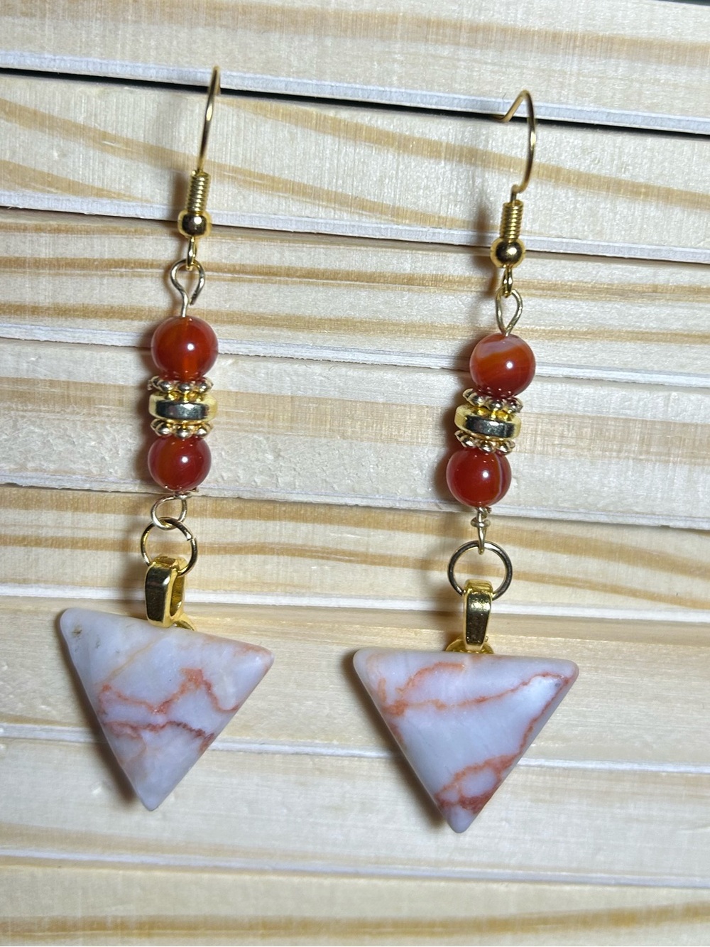 3/$25 Red Network Jasper Triangle and Carnelian Agate Beaded Drop Earrings
